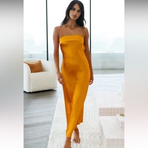 Orange Golden Strapless Maxi Dress for Wedding Guest